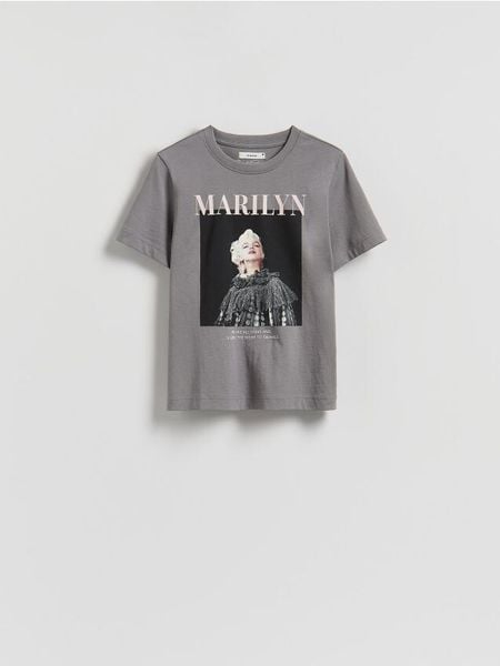 T-shirt Marilyn Monroe - ciemnoszary. Szare t-shirty damskie Reserved, l, bez wzorów, z bawełny, bez kołnierzyka. Za 69.99 zł.