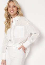Biała Wiskozowa Koszula w Ażurowy Wzór Asaimes. Białe bluzki damskie Born2be, l, w ażurowe wzory, z wiskozy, bez kołnierzyka, bez ramiączek. Za 129.99 zł.