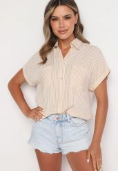 Beżowa Koszula w Paski z Kołnierzem Vimere. Brązowe bluzki damskie Born2be, m, bez wzorów, z wiskozy, biznesowe, bez kołnierzyka, bez ramiączek. Za 69.99 zł.