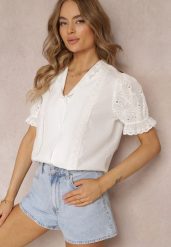 Biała Koszula z Bufiastymi Rękawami i Koronkowymi Wstawkami Rathima. Białe bluzki damskie Renee, l, w ażurowe wzory, z koronki, bez kołnierzyka, bez ramiączek. Za 84.99 zł.