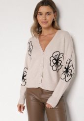 Beżowy Kardigan na Guziki w Haftowane Kwiaty Tustara. Brązowe kardigany damskie Born2be, l, bez wzorów, z jeansu, bez kołnierzyka, bez ramiączek, bez kaptura. Za 79.99 zł.