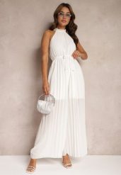 Biały Kombinezon z Dekoltem Typu Halter i Gumką w Talii Zolefia. Białe sukienki damskie Renee, bez wzorów, eleganckie, bez kołnierzyka, bez ramiączek. Za 74.99 zł.