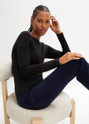 Bluzka z długim rękawem z czystej bawełny organicznej. Czarne bluzki damskie bonprix, bez wzorów, z bawełny, bez kołnierzyka, bez ramiączek. Za 39.99 zł.