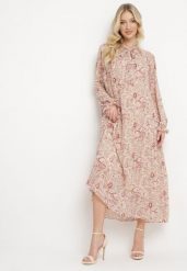 Jasnobeżowa Sukienka Plisowana o Rozkloszowanym Kroju w Print Paisley z Wiązaniem na Dekolcie Rosamuna. Brązowe sukienki dla dziewczynek Born2be, z aplikacjami, eleganckie, bez ramiączek. Za 149.99 zł.