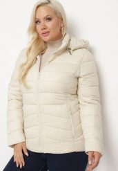 Jasnobeżowa Kurtka z Odpinanym Kapturem Ozdobiona Pikowaniem Etinitha. Brązowe kurtki damskie Born2be, na zimę, xl, bez wzorów, z jeansu. Za 169.99 zł.