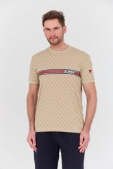 GUESS Beżowy t-shirt Jamey. Brązowe t-shirty męskie Guess, l, z aplikacjami, bez kołnierzyka. W wyprzedaży za 132.99 zł.