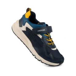 Buty dziecięce sportowe sneakersy dla chłopca ekoskóra na rzep GEOX ROONER. Niebieskie buty sportowe chłopięce Geox, bez wzorów, bez zapięcia, trekkingowe. Za 145.00 zł.