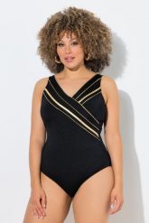 Damskie Strój kąpielowy złota lamówka w kopertowym stylu miękkie miseczki. Czarne kostiumy jednoczęściowe damskie Ulla Popken, plus size, bez wzorów, z elastanu, plus size, do pływania. Za 239.99 zł.