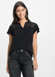 T-shirt z dekoltem henley z mieszanki wiskozy. Czarne bluzki damskie bonprix, bez wzorów, z koronki, bez kołnierzyka, bez ramiączek. Za 62.99 zł.
