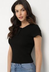 Czarny T-shirt Bawełniany w Prążki z Guzikami Balirea. Czarne bluzki damskie Born2be, m, bez wzorów, z bawełny, eleganckie, bez kołnierzyka. Za 39.99 zł.