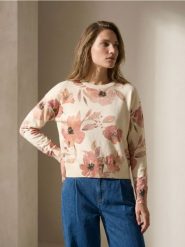 Sweter z motywem kwiatowym z wiskozą - wielobarwny. Swetry damskie Sinsay, l, bez wzorów, z wiskozy, bez kołnierzyka, bez ramiączek, bez kaptura. Za 45.99 zł.