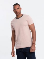 Męski t-shirt z surowym wykończeniem – różowy V5. Czerwone t-shirty męskie Ombre Clothing, l, z aplikacjami, z bawełny, bez kołnierzyka. W wyprzedaży za 19.99 zł.
