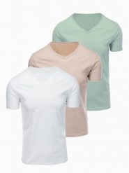 Zestaw bawełnianych koszulek męskich V-neck BASIC – szarozielony/biały/beżowy V14 - Rozmiar: S. Szare t-shirty męskie Ombre Clothing, m, bez wzorów, z bawełny, biznesowe, bez kołnierzyka. Za 169.99 zł.