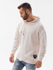 Bluza męska hoodie z przeszyciami - kremowa V1. Białe bluzy męskie Ombre Clothing, m, bez wzorów, z bawełny, bez kaptura. W wyprzedaży za 49.99 zł.