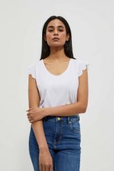 Bluzka z ozdobnym rękawem biała. Białe bluzki damskie MOODO, s, bez wzorów, z bawełny, bez kołnierzyka, bez ramiączek. W wyprzedaży za 16.99 zł.