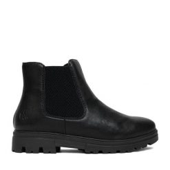 Botki Rieker. Czarne botki damskie Rieker, bez obcasa, na płaskiej podeszwie, bez zapięcia. Za 369.99 zł.