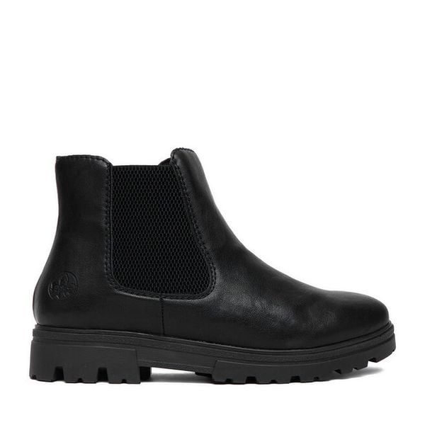 Botki Rieker. Czarne botki damskie Rieker, bez obcasa, na płaskiej podeszwie, bez zapięcia. Za 369.99 zł.