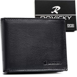 Duży, czarny portfel męski ze skóry naturalnej wyposażony w system RFID - Rovicky. Czarne portfele męskie ROVICKY, bez wzorów, ze skóry. Za 45.00 zł.