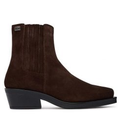 Botki Tommy Jeans. Brązowe botki damskie Tommy Jeans, z jeansu, bez obcasa, na słupku, bez zapięcia. Za 649.99 zł.