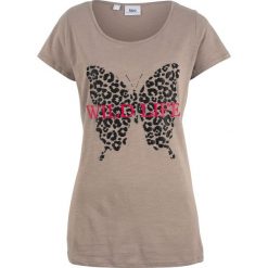 Shirt bawełniany z przędzy mieszankowej, krótki rękaw bonprix brunatny z nadrukiem. Bluzki damskie bonprix. Za 34.99 zł.