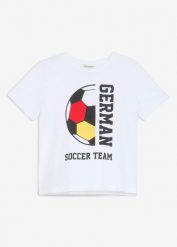 T-shirt z napisem German Soccer Team z czystej bawełny organicznej. Białe koszule dla chłopców bonprix, bez wzorów, z bawełny, bez kołnierzyka, bez ramiączek. Za 34.99 zł.