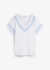 Wygodny t-shirt z haftowym nadrukiem, z bawełny organicznej. Białe bluzki damskie bonprix, bez wzorów, z bawełny, bez kołnierzyka, bez ramiączek. Za 67.99 zł.