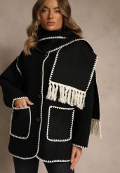 Czarna Kurtka Oversize z Szalikiem i Ozdobnymi Przeszyciami Claritila. Czarne kurtki damskie Renee, bez wzorów, z jeansu, bez kaptura. Za 199.99 zł.