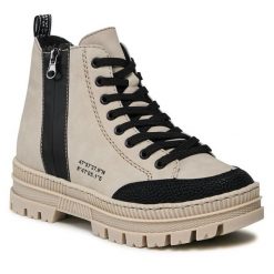 Trzewiki Rieker. Brązowe botki damskie Rieker, bez obcasa, na płaskiej podeszwie, bez zapięcia. Za 303.00 zł.