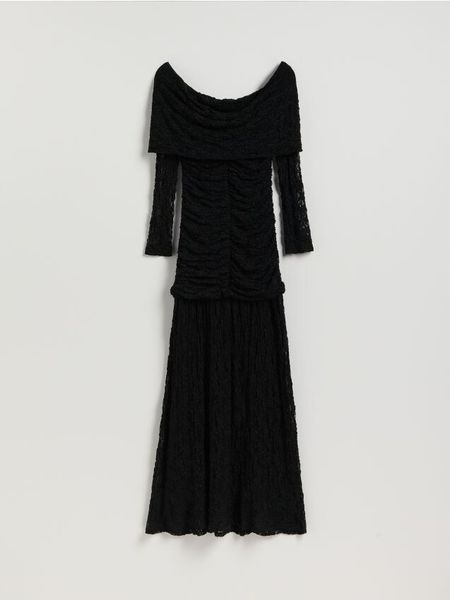 Strukturalna sukienka maxi - czarny. Czarne sukienki damskie Reserved, l, bez wzorów, z dzianiny, bez kołnierzyka, bez ramiączek, maxi, rozkloszowane. Za 249.99 zł.