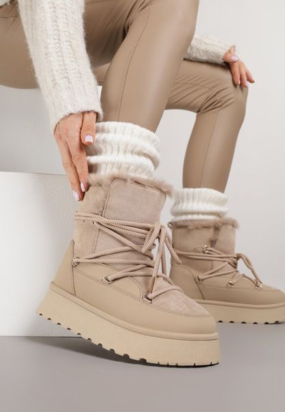 Ciemnobeżowe Śniegowce na Grubej Podeszwie z Futerkiem Alwedra. Brązowe obuwie sportowe damskie Born2be, bez wzorów, z jeansu. Za 119.99 zł.