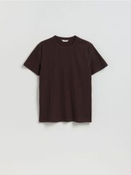 T-shirt regular w prążek - ciemnobrązowy. Brązowe t-shirty męskie Reserved, l, bez wzorów, z bawełny, bez kołnierzyka. Za 79.99 zł.