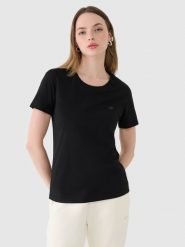 4F T-shirt regular gładki damski - czarny XS. Czarne koszulki sportowe damskie 4f, xs, bez wzorów, z bawełny, bez kołnierzyka, bez ramiączek. Za 49.99 zł.