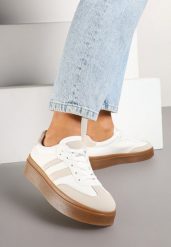 Beżowo-Białe Sneakersy Tenisówki Ozdobione Paskami Sovresia. Brązowe trampki i tenisówki damskie Renee, z aplikacjami, bez zapięcia. Za 99.99 zł.