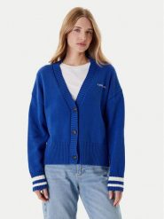 Guess Jeans Kardigan W4BR81 Z3HM1 Niebieski Regular Fit. Niebieskie kardigany damskie Guess Jeans, xxl, z aplikacjami, z bawełny, bez kołnierzyka, bez ramiączek, bez kaptura. Za 369.99 zł.