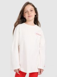 4F Longsleeve oversize z nadrukiem dziewczęcy - biały 152 (11-12 lat). Białe t-shirty i topy dla dziewczynek 4f, bez wzorów, z bawełny, bez ramiączek. W wyprzedaży za 49.99 zł.