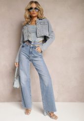 Jasnoniebieskie Szerokie Jeansy High Waist z Kieszeniami Leorrio. Niebieskie jeansy damskie Renee, z podwyższonym stanem. Za 129.99 zł.