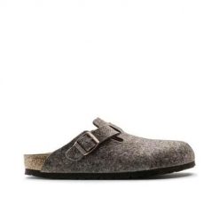 Klapki damskie Birkenstock Boston. Szare klapki damskie Birkenstock, bez wzorów, z materiału, bez obcasa. Za 683.00 zł.