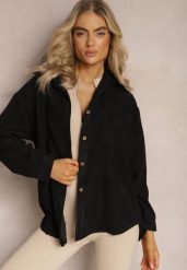Czarna Koszula ze Sztruksowego Materiału na Guziczki Rhiawen. Czarne bluzki damskie Renee, l, bez wzorów, z jeansu, bez kołnierzyka, bez ramiączek. Za 49.99 zł.