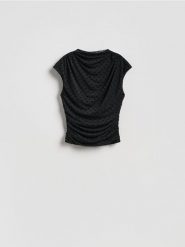 Bluzka z drapowaniem - wielobarwny. Bluzki damskie Reserved, l, bez wzorów, z dzianiny, bez kołnierzyka, bez ramiączek. Za 79.99 zł.