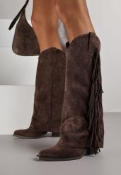 Ciemnobrązowe Kozaki Kowbojki na Obcasie z Wywiniętą Cholewką z Frędzlami Monasatia. Brązowe kozaki damskie Born2be, z dzianiny, bez obcasa, na obcasie. Za 179.99 zł.