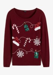 Cienki sweter. Czerwone swetry damskie bonprix, z aplikacjami, bez kołnierzyka, bez ramiączek, bez kaptura. Za 139.99 zł.