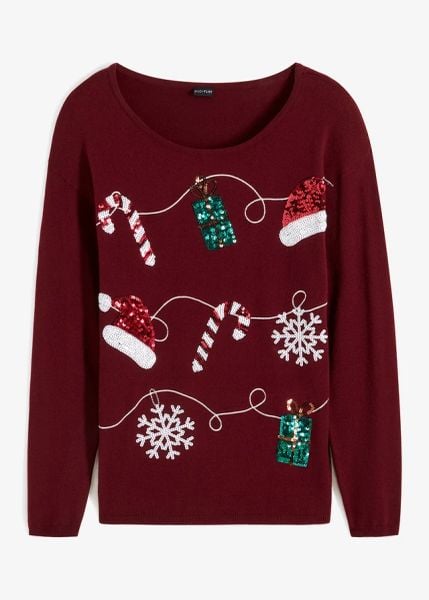 Cienki sweter. Czerwone swetry damskie bonprix, z aplikacjami, bez kołnierzyka, bez ramiączek, bez kaptura. Za 139.99 zł.