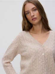 Wełniany kardigan - beżowy. Brązowe kardigany damskie Reserved, l, bez wzorów, z dzianiny. Za 219.99 zł.