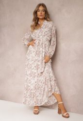 Biała Sukienka Maxi w Kwiaty ze Sznurkiem w Pasie Marili. Białe sukienki damskie Renee, l, z aplikacjami, bez kołnierzyka, bez ramiączek, maxi, rozkloszowane. Za 129.99 zł.