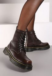 Brązowe Sznurowane Ocieplone Botki na Platformie w Stylu Workerów Crecca. Brązowe botki damskie Renee, z jeansu, rockowe, bez obcasa, na obcasie, bez zapięcia. Za 149.99 zł.