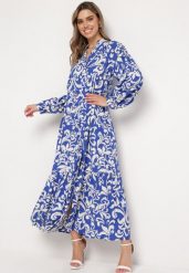 Granatowo-Biała Wiskozowa Sukienka Maxi z Falbanką Rozkloszowana w Ornamentalny Wzór Keirrasa. Niebieskie sukienki damskie Born2be, m, bez wzorów, z wiskozy, eleganckie, bez kołnierzyka, bez ramiączek, maxi, rozkloszowane. Za 129.99 zł.
