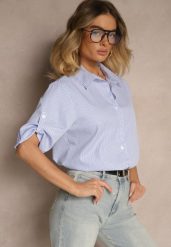 Jasnoniebieska Koszula Bawełniana w Drobne Paski z Rękawami 3/4 Lialorea. Niebieskie bluzki damskie Renee, l, bez wzorów, z bawełny, eleganckie, bez kołnierzyka, bez ramiączek. Za 49.99 zł.