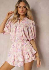 Fioletowe Spódnico-Szorty High Waist z Gumką w Pasie i Falbanką Gleiana. Fioletowe szorty damskie Renee, na lato, l, bez wzorów, wizytowe, z podwyższonym stanem. Za 59.99 zł.