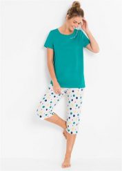 Bawełniana piżama ze spodniami 3/4. Zielone piżamy damskie bonprix, bez wzorów, z bawełny, bez ramiączek, krótkie. Za 74.99 zł.