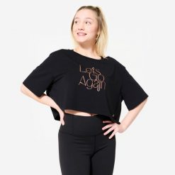 Koszulka do tańca modern jazz damska Starever crop top. Czarne bluzy sportowe damskie DOMYOS, l, bez wzorów, z elastanu, eleganckie, bez kołnierzyka. Za 59.99 zł.